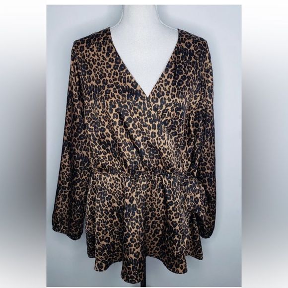 Lane Bryant V Neck Blouse with a cinched waist with a tie Leopard Print … - Picture 1 of 7